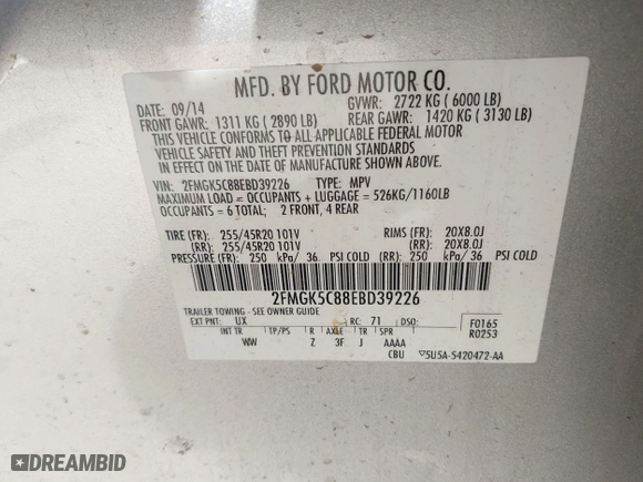 2014 Ford Flex SEL with VIN 2FMGK5C88EBD39226, listed as a IAAI auction lot 42010756 with 135,339 mi miles. Bid and sale history available at carsss.com. Image 9.