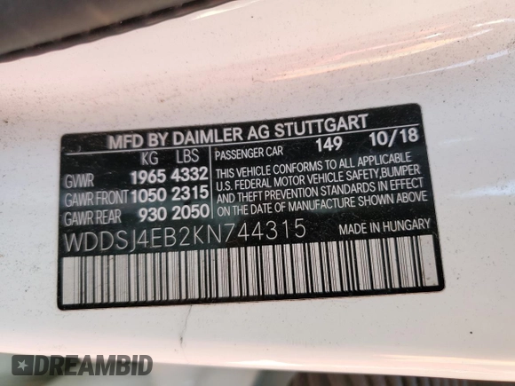 2019 Mercedes-Benz CLA 250 with VIN WDDSJ4EB2KN744315, listed as a Copart auction lot 66621293 with 107,404 mi miles and . Bid and sale history available at DreamBid. Image 12.