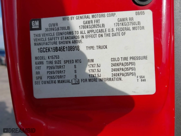 2006 Chevrolet Silverado 1500 LT1 with VIN 1GCEK19B46E108918, listed as a IAAI auction lot 41724888 with 194,619 mi miles. Bid and sale history available at carsss.com. Image 9.