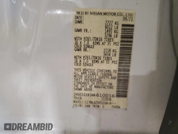 2022 Nissan Frontier S with VIN 1N6ED1EK5NN610056, listed as a Copart auction lot 54942245 with 51,925 mi miles and Salvage title. Bid and sale history available at DreamBid. Image 12.
