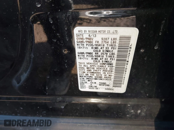 2013 Nissan Murano SV with VIN JN8AZ1MW1DW319025, listed as a IAAI auction lot 41619136 with 137,207 mi miles. Bid and sale history available at carsss.com. Image 9.