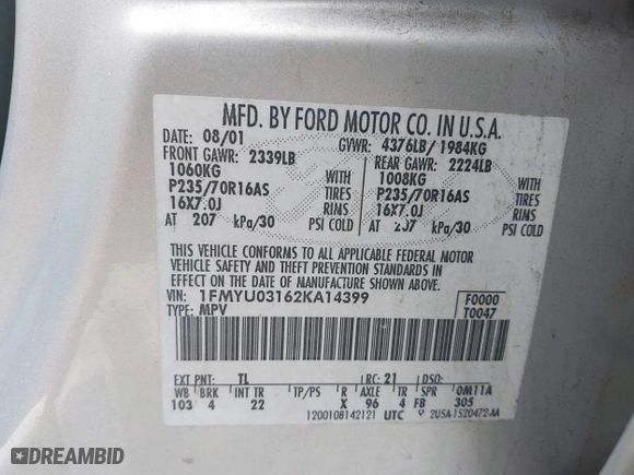 2002 Ford Escape XLT Choice with VIN 1FMYU03162KA14399, listed as a IAAI auction lot 41493956 with 265,123 mi miles. Bid and sale history available at carsss.com. Image 9.