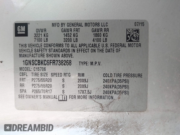 2015 Chevrolet Tahoe LT с VIN 1GNSCBKC6FR738268, выставлен на аукционе IAAI как лот 42638989 с пробегом 172 227 миль миль и . История ставок и продаж доступна на DreamBid. Изображение 9.