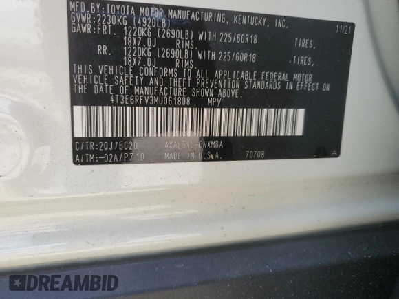 2021 Toyota RAV4 Hybrid XSE with VIN 4T3E6RFV3MU061808, listed as a Copart auction lot 57048025 with 20,614 mi miles and Salvage title. Bid and sale history available at DreamBid. Image 13.