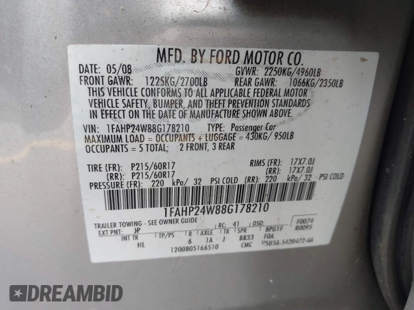 2008 Ford Taurus SEL with VIN 1FAHP24W88G178210, listed as a IAAI auction lot 41933552 with 142,971 mi miles. Bid and sale history available at carsss.com. Image 9.