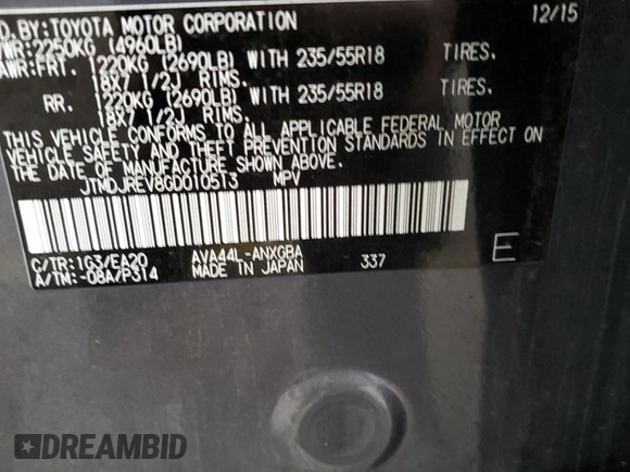 2016 Toyota RAV4 Hybrid Limited with VIN JTMDJREV8GD010513, listed as a Copart auction lot 70346622 with 87,038 mi miles. Bid and sale history available at carsss.com. Image 13.