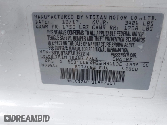 2018 Nissan Versa SV with VIN 3N1CN7AP7JL827214, listed as a IAAI auction lot 41913530 with 94,173 mi miles. Bid and sale history available at carsss.com. Image 9.