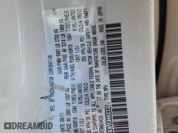 2012 Mazda CX-9 Touring with VIN JM3TB3CV2C0338611, listed as a Copart auction lot 61193625 with 115,817 mi miles and Salvage title. Bid and sale history available at DreamBid. Image 12.