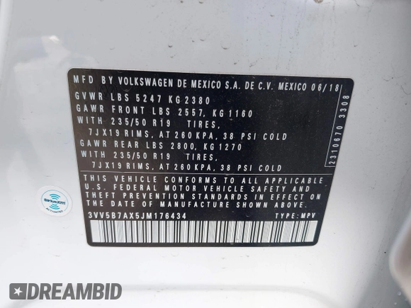 2018 Volkswagen Tiguan SEL Premium with VIN 3VV5B7AX5JM176434, listed as a IAAI auction lot 41684514 with 47,988 mi miles and . Bid and sale history available at DreamBid. Image 9.