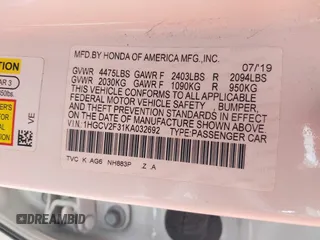 2019 Honda Accord Sport с VIN 1HGCV2F31KA032692, выставлен на аукционе IAAI как лот 42269545 с пробегом 74 345 миль миль и . История ставок и продаж доступна на DreamBid. Изображение 9.