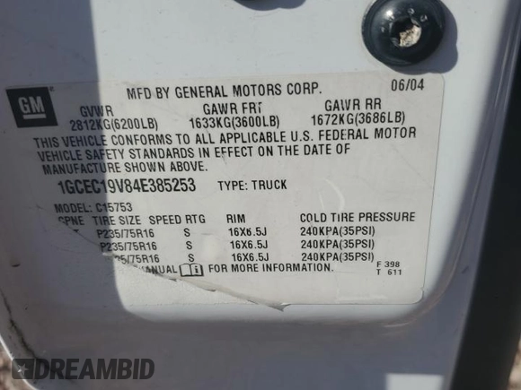 2004 Chevrolet Silverado 1500 Work Truck with VIN 1GCEC19V84E385253, listed as a Copart auction lot 49457334 with 0 mi miles and Salvage Title. Bid and sale history available at carsss.com. Image 12.