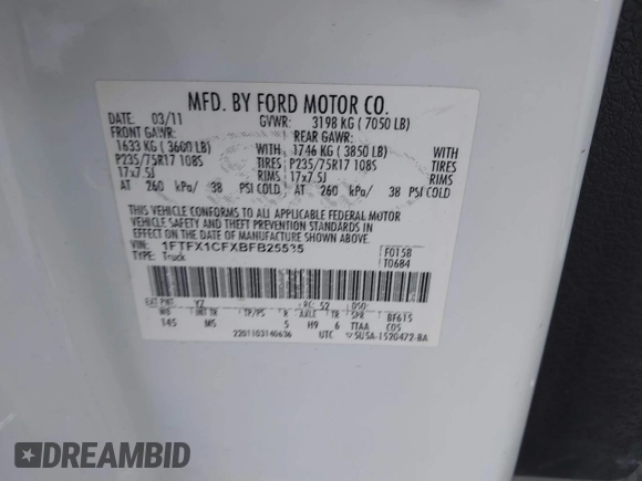 2011 Ford F-150 XL with VIN 1FTFX1CFXBFB25535, listed as a IAAI auction lot 42272543 with 231,709 mi miles and . Bid and sale history available at DreamBid. Image 9.
