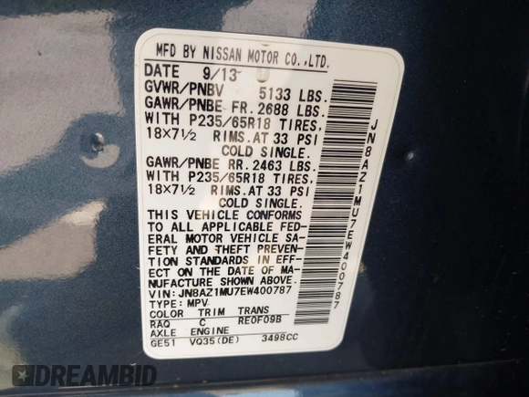 2014 Nissan Murano SV with VIN JN8AZ1MU7EW400787, listed as a IAAI auction lot 42087179 with 99,702 mi miles and . Bid and sale history available at carsss.com. Image 9.