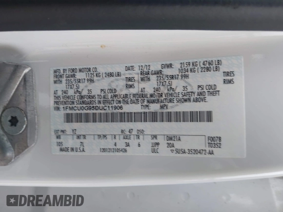 2013 Ford Escape SE z VIN 1FMCU0G95DUC11906, wystawiony jako IAAI lot #42367480 z przebiegiem 149 173 mil mil oraz . Historia ofert i sprzedaży dostępna na DreamBid. Obrazek 9.