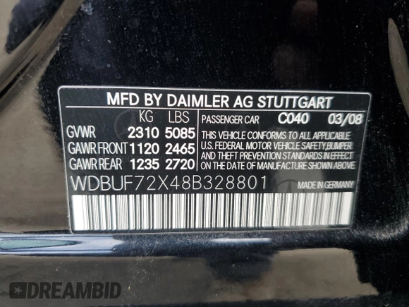 2008 Mercedes-Benz E-Class Sport 5.5L with VIN WDBUF72X48B328801, listed as a Copart auction lot 52808095 with 91,850 mi miles and Salvage Title. Bid and sale history available at carsss.com. Image 12.