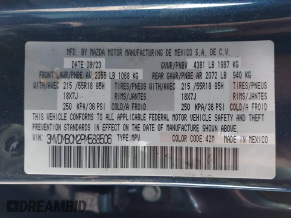 2023 Mazda CX-30 S Carbon Edition с VIN 3MVDMBCM2PM588506, выставлен на аукционе IAAI как лот 41728912 с пробегом 25 030 миль миль и . История ставок и продаж доступна на DreamBid. Изображение 9.