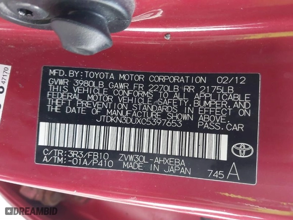 2012 Toyota Prius One with VIN JTDKN3DUXC5397653, listed as a IAAI auction lot 41790292 with 1 mi miles. Bid and sale history available at carsss.com. Image 9.