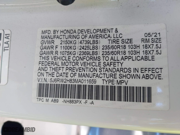 2021 Honda CR-V EX-L with VIN 5J6RW2H83MA011659, listed as a IAAI auction lot 41775760 with 1 mi miles. Bid and sale history available at carsss.com. Image 9.
