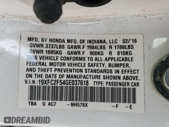 2016 Honda Civic Sedan LX with VIN 19XFC2F54GE037618, listed as a Copart auction lot 44584325 with 130,516 mi miles and Salvage Title. Bid and sale history available at carsss.com. Image 13.
