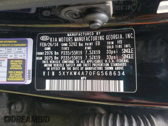 2015 Kia Sorento SX with VIN 5XYKW4A70FG568634, listed as a Copart auction lot 55783225 with Not provided miles and Salvage title. Bid and sale history available at DreamBid. Image 13.