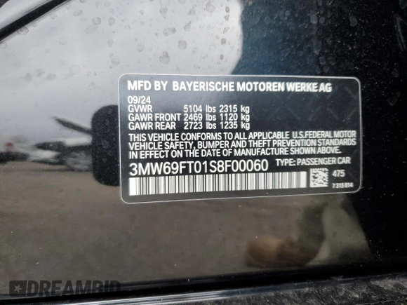 2025 BMW 3 Series M340i xDrive with VIN 3MW69FT01S8F00060, listed as a Copart auction lot 84993644 with Not Provided miles and Salvage Title. Bid and sale history available at carsss.com. Image 14.