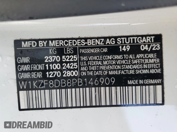 2023 Mercedes-Benz E-Class E 350 with VIN W1KZF8DB8PB146909, listed as a Copart auction lot 42498035 with 7,476 mi miles and Salvage Title. Bid and sale history available at carsss.com. Image 12.