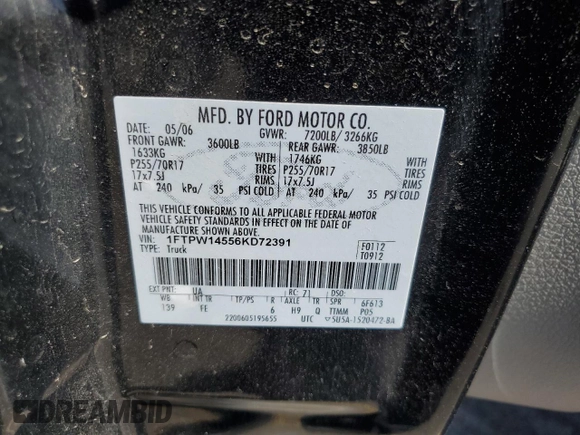 2006 Ford F-150 XLT with VIN 1FTPW14556KD72391, listed as a Copart auction lot 52216265 with 203,699 mi miles and Clean Title. Bid and sale history available at carsss.com. Image 12.
