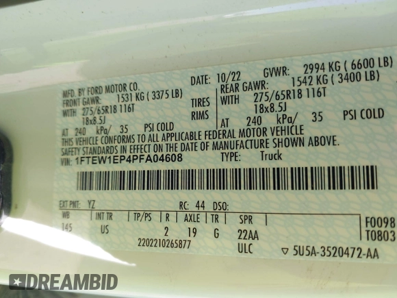 2023 Ford F-150 XL с VIN 1FTEW1EP4PFA04608, выставлен на аукционе IAAI как лот 40176213 с пробегом 80 374 миль миль и . История ставок и продаж доступна на DreamBid. Изображение 9.