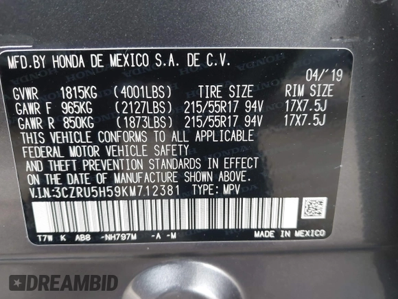 2019 Honda HR-V EX with VIN 3CZRU5H59KM712381, listed as a IAAI auction lot 41883972 with 39,260 mi miles. Bid and sale history available at carsss.com. Image 9.
