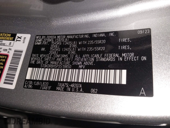 2023 Toyota Highlander L z VIN 5TDKDRBH5PS519850, wystawiony jako IAAI lot #42068525 z przebiegiem 31 367 mil mil oraz . Historia ofert i sprzedaży dostępna na DreamBid. Obrazek 9.
