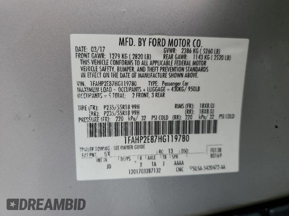 2017 Ford Taurus SEL z VIN 1FAHP2E87HG119780, wystawiony jako Copart lot #59135705 z przebiegiem 122 731 mil mil oraz Szkoda całkowita • Salvage title. Historia ofert i sprzedaży dostępna na DreamBid. Obrazek 13.