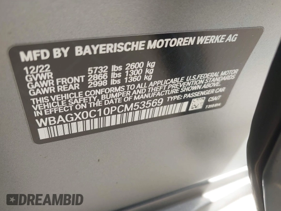 2023 BMW 8 Series with VIN WBAGX0C10PCM53569, listed as a IAAI auction lot 41539150 with Not provided miles and . Bid and sale history available at DreamBid. Image 9.