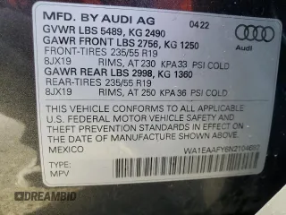 2022 Audi Q5 S line Premium Plus with VIN WA1EAAFY6N2104682, listed as a Copart auction lot 85463014 with 20,414 mi miles and Salvage Title. Bid and sale history available at carsss.com. Image 15.