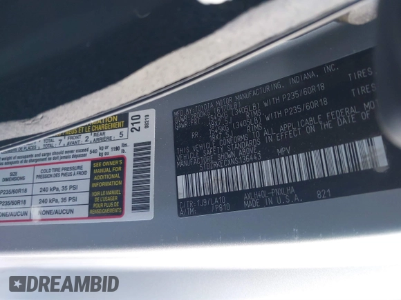 2022 Toyota Sienna Limited with VIN 5TDZRKECXNS136443, listed as a IAAI auction lot 41353097 with 20,568 mi miles and . Bid and sale history available at DreamBid. Image 9.