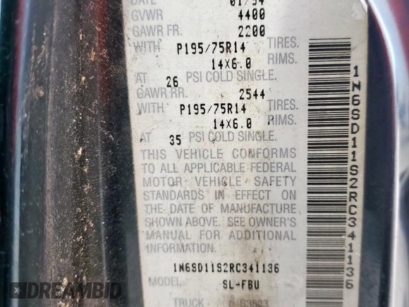 1994 Nissan Frontier with VIN 1N6SD11S2RC341136, listed as a Copart auction lot 57107995 with 174,479 mi miles and Salvage title. Bid and sale history available at DreamBid. Image 12.