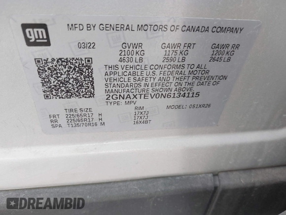 2022 Chevrolet Equinox LT with VIN 2GNAXTEV0N6134115, listed as a IAAI auction lot 41989096 with 118,688 mi miles. Bid and sale history available at carsss.com. Image 9.