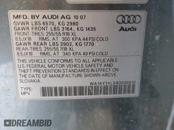 2008 Audi Q7 3.6L with VIN WA1AY74LX8D030910, listed as a Copart auction lot 47227784 with 121,727 mi miles and Clean Title. Bid and sale history available at carsss.com. Image 13.