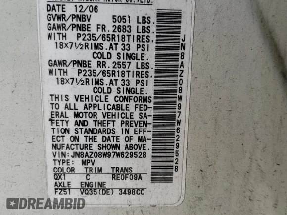 2007 Nissan Murano SL with VIN JN8AZ08W97W629528, listed as a Copart auction lot 59721065 with 256,660 mi miles and Salvage title. Bid and sale history available at DreamBid. Image 13.