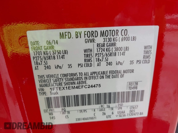 2014 Ford F-150 XL with VIN 1FTEX1EM4EFC24475, listed as a IAAI auction lot 42692573 with 166,214 mi miles and . Bid and sale history available at DreamBid. Image 9.