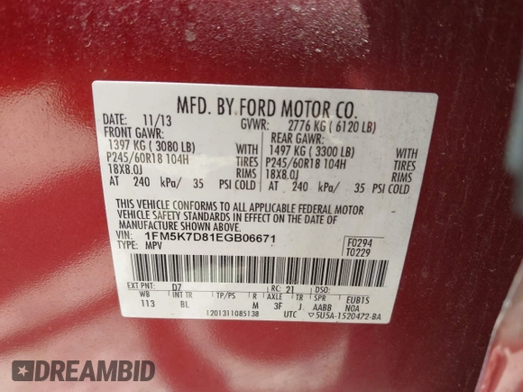 2014 Ford Explorer XLT with VIN 1FM5K7D81EGB06671, listed as a IAAI auction lot 42545465 with 161,027 mi miles and . Bid and sale history available at DreamBid. Image 9.