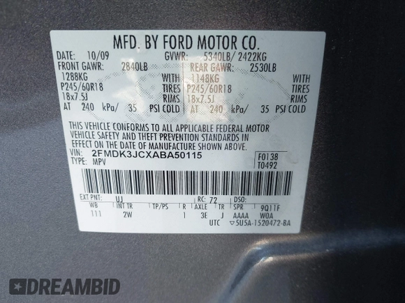 2010 Ford Edge SEL with VIN 2FMDK3JCXABA50115, listed as a IAAI auction lot 41758678 with 207,033 mi miles. Bid and sale history available at carsss.com. Image 9.