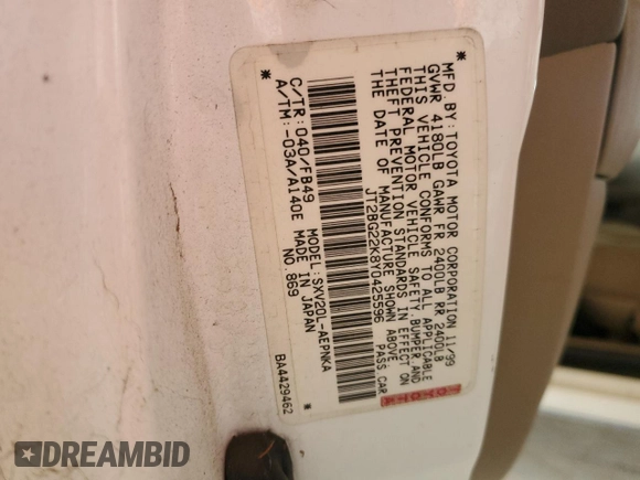 2000 Toyota Camry CE с VIN JT2BG22K8Y0425596, выставлен на аукционе Copart как лот 58956375 с пробегом 217 960 миль миль и Списание • Salvage title. История ставок и продаж доступна на DreamBid. Изображение 12.