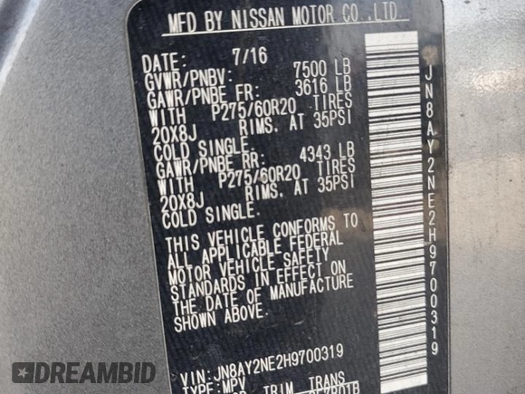 2017 Nissan Armada Platinum z VIN JN8AY2NE2H9700319, wystawiony jako Copart lot #51859735 z przebiegiem Nie podano mil oraz Szkoda całkowita • Salvage title. Historia ofert i sprzedaży dostępna na DreamBid. Obrazek 13.
