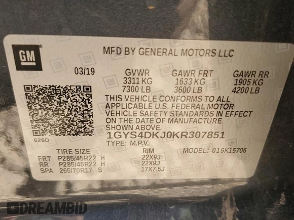 2019 Cadillac Escalade Platinum with VIN 1GYS4DKJ0KR307851, listed as a Copart auction lot 72234674 with Not provided miles and Salvage title. Bid and sale history available at DreamBid. Image 12.