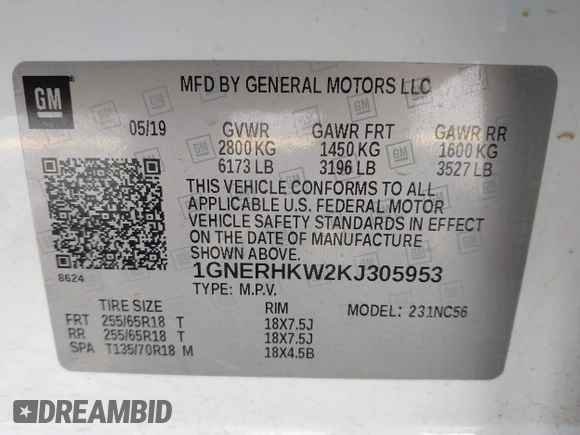 2019 Chevrolet Traverse LT z VIN 1GNERHKW2KJ305953, wystawiony jako IAAI lot #42064913 z przebiegiem 104 200 mil mil oraz . Historia ofert i sprzedaży dostępna na DreamBid. Obrazek 9.