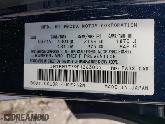 2015 Mazda 3 i SV z VIN JM1BM1T79F1263005, wystawiony jako Copart lot #52374195 z przebiegiem 58 186 mil mil oraz Czysty tytuł • Clean title. Historia ofert i sprzedaży dostępna na DreamBid. Obrazek 14.