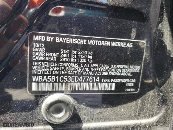 2014 BMW 5 Series 535i with VIN WBA5B1C53ED477614, listed as a Copart auction lot 52116925 with 166,930 mi miles and Clean Title. Bid and sale history available at carsss.com. Image 12.