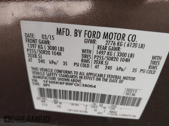 2015 Ford Explorer Limited with VIN 1FM5K8F89FGC38064, listed as a IAAI auction lot 41749372 with 146,756 mi miles and . Bid and sale history available at DreamBid. Image 9.
