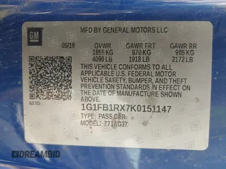 2019 Chevrolet Camaro 1LT z VIN 1G1FB1RX7K0151147, wystawiony jako IAAI lot #42179932 z przebiegiem 51 561 mil mil oraz . Historia ofert i sprzedaży dostępna na DreamBid. Obrazek 9.