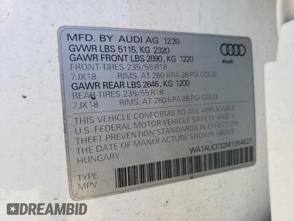2021 Audi Q3 Premium with VIN WA1AUCF32M1064627, listed as a Copart auction lot 50900513 with 35,718 mi miles and . Bid and sale history available at DreamBid. Image 13.